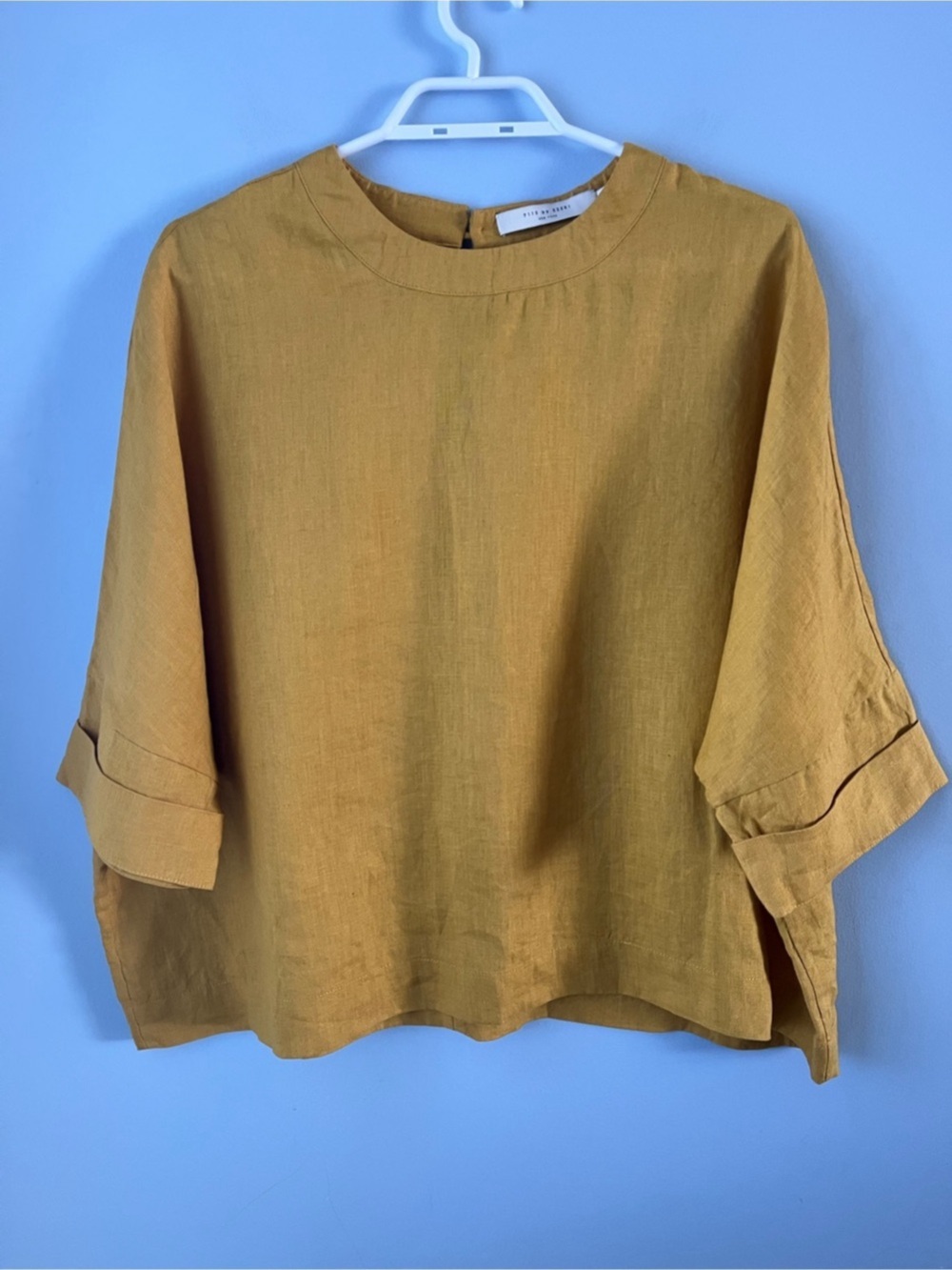 7115 By Szeki NY 100% Linen Mustard Yellow Relaxed Fit Boxy Blouse Size M